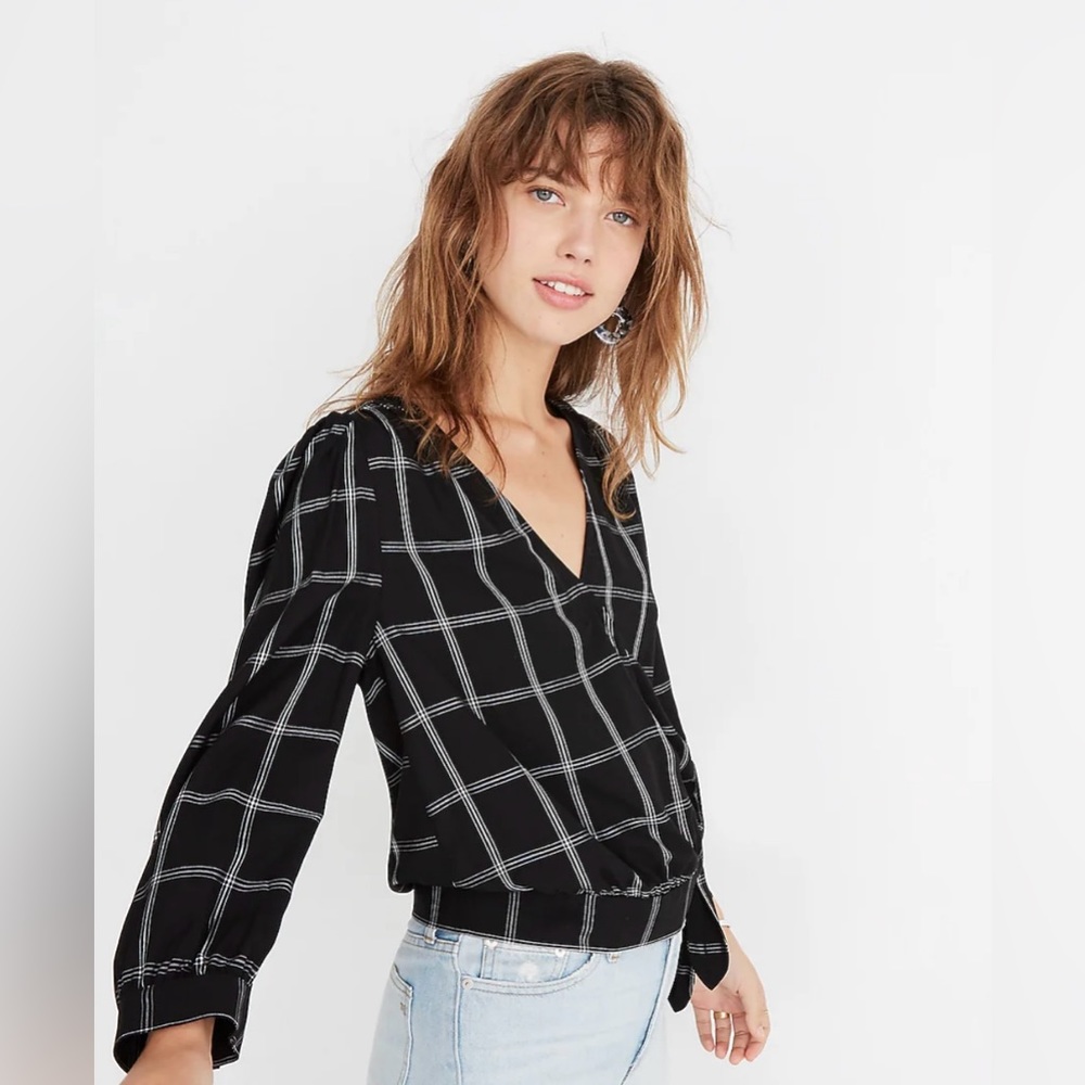 Madewell Viscose Wrap Side Tie Cropped Top in Black & White Windowpane Size XXS